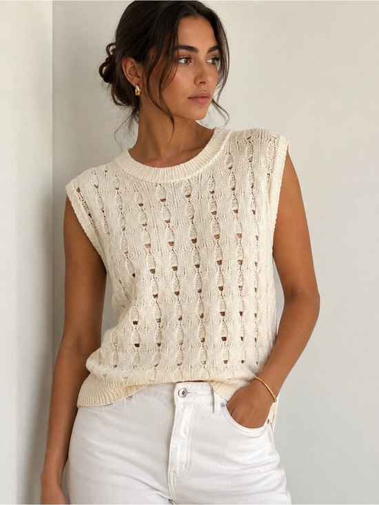 Zara Sweaters - Zara Cream Open Knit Sweater Vest Size Large | Pointelle Sleeveless Knit Top